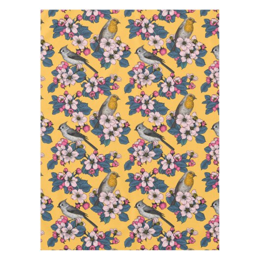 Vögel und Blüten in Gelb Tischdecke (Vorderseite)
