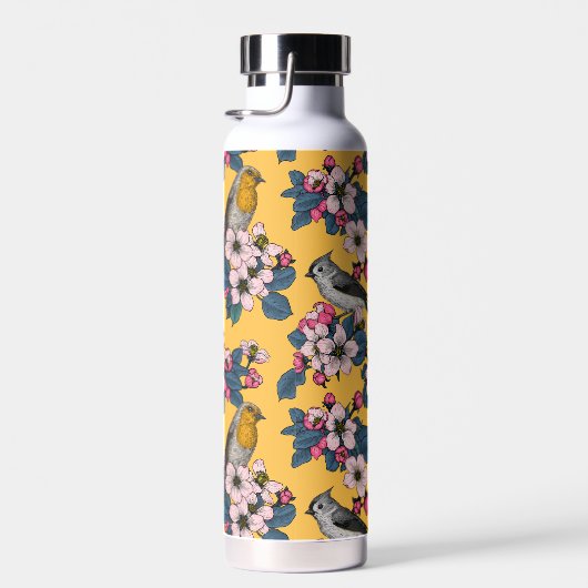 Vögel und Blüten in Gelb Trinkflasche (Rechts)