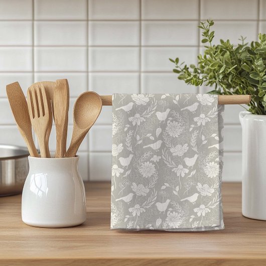 Vögel und Blüten Tan & Creme Geschirrtuch