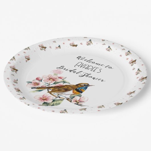 Vögel und Blüten Tee Party Dusche Pappteller (Schrägansicht)