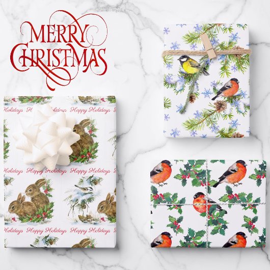 Vögel und Bunnies personalisieren Weihnachten 3 Geschenkpapier Set