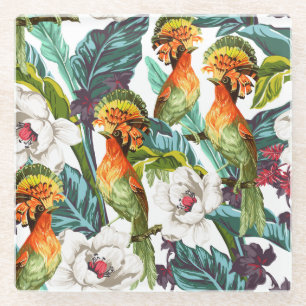 Vogel und exotisches Blumen-Muster 2 Glasuntersetzer