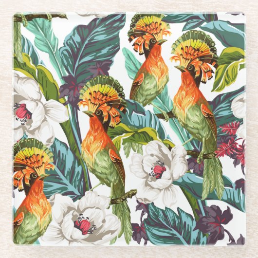 Vogel und exotisches Blumen-Muster 2 Glasuntersetzer (Vorderseite)