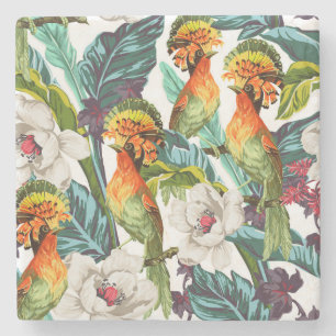 Vogel und exotisches Blumen-Muster 2 Steinuntersetzer