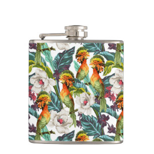Vogel und exotisches Blumen-Muster Flachmann
