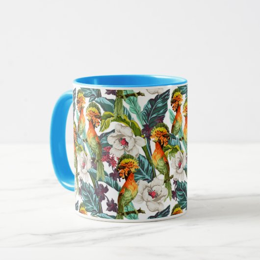 Vogel und exotisches Blumen-Muster Tasse (Vorderseite Links)