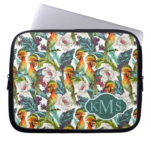 Vogel und exotisches Monogramm des Blumen-Muster-| Laptopschutzhülle (Vorderseite)