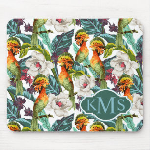 Vogel und exotisches Monogramm des Blumen-Muster-  Mousepad