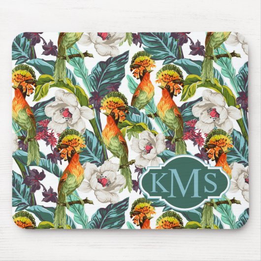 Vogel und exotisches Monogramm des Blumen-Muster-| Mousepad (Vorne)