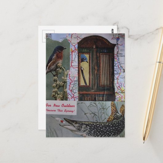 Vögel und Fische Retro-Collage Postkarte (Vorderseite/Rückseite Beispiel)