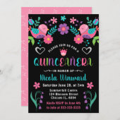 Vögel und florale mexikanische Fiesta Quinceañera Einladung (Vorne/Hinten)