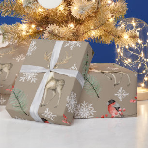 Vogel und Hirsch Rotwild Waldthemen-Weihnachten Geschenkpapier