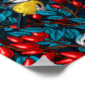 Vögel und Hunde Rose Hüften, blau und rot Poster (Ecke)