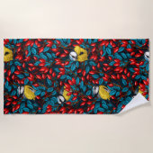 Vögel und Hunde Rose Hüften, blaues und rotes Bade Strandtuch (Vorderseite)