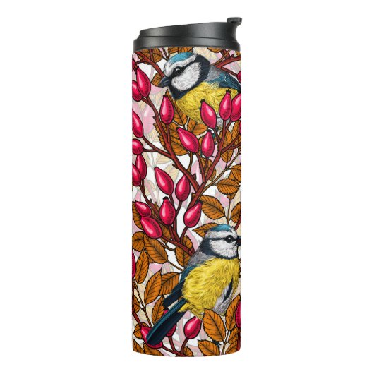 Vögel und Hunde Rose Hüften Thermosbecher (Nach links gedreht)