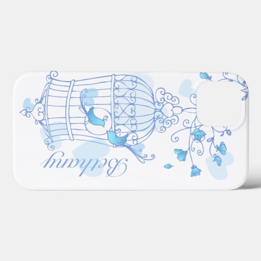 Vögel und Käfig Aqua Blue Name iPhone Case (Rückseite (Horizontal))