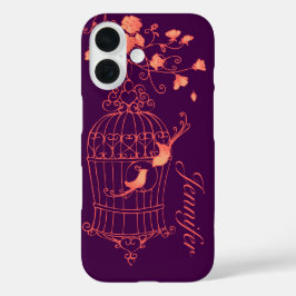 Vögel und Käfig orange & lila Namen iPhone Fall 16 Hülle