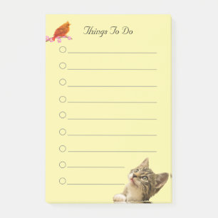 Vogel und Katze auf Gelben Dingen, die zu tun sind Post-it Klebezettel