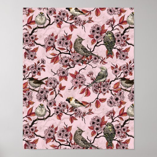 Vögel und Kirschblüten auf rosafarbenem Hintergrun Poster (Vorne)