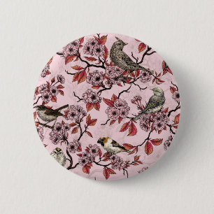 Vögel und Kirschblüten auf rosarot Button