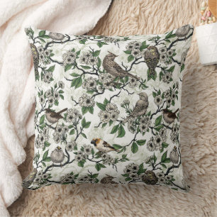 Vögel und Kirschblüten auf Weiß Kissen