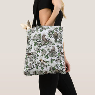 Vögel und Kirschblüten auf Weiß Tasche