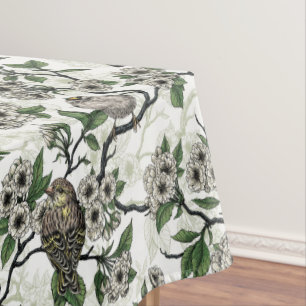 Vögel und Kirschblüten auf Weiß Tischdecke