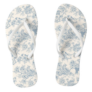 Vögel und Kirschblüten in Blau und Creme Badesandalen