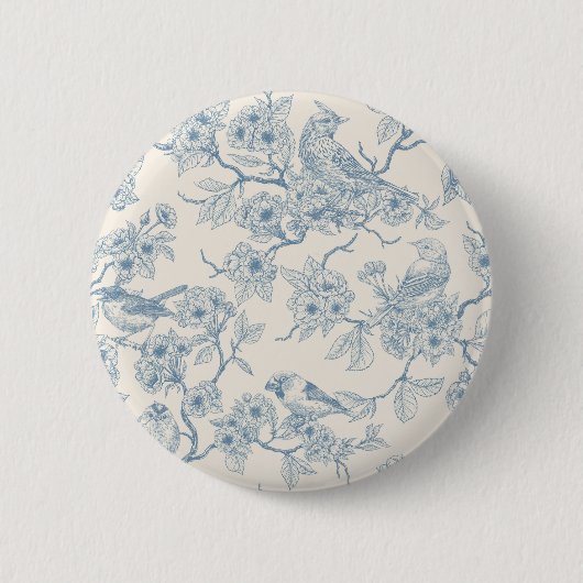 Vögel und Kirschblüten in Blau und Creme Button (Vorderseite)