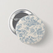 Vögel und Kirschblüten in Blau und Creme Button (Vorne & Hinten)