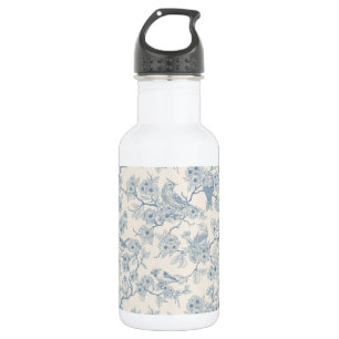 Vögel und Kirschblüten in Blau und Creme Edelstahlflasche