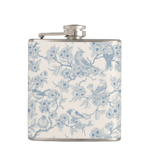 Vögel und Kirschblüten in Blau und Cremeweiß Flachmann