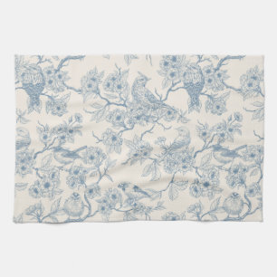 Vögel und Kirschblüten in Blau und Cremeweiß Geschirrtuch