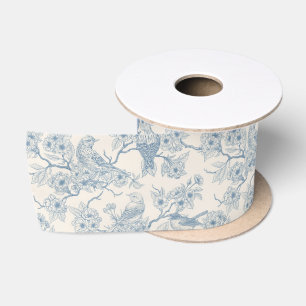Vögel und Kirschblüten in Blau und Cremeweiß Satinband