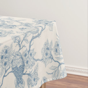 Vögel und Kirschblüten in Blau und Cremeweiß Tischdecke
