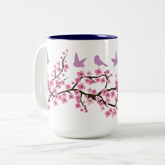 Vögel und Kirschblüten Zweifarbige Tasse (Vorderseite Links)