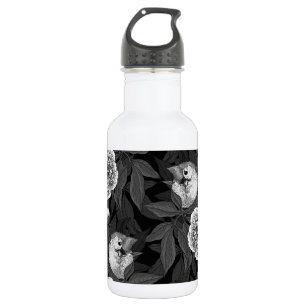 Vögel und Pfingstrosen monochrom, grau Edelstahlflasche