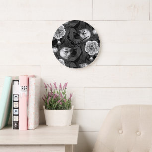 Vögel und Pfingstrosenblumen monochrom, grau Große Wanduhr