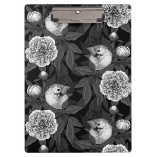 Vögel und Pfingstrosenblüten monochrom, grau Klemmbrett