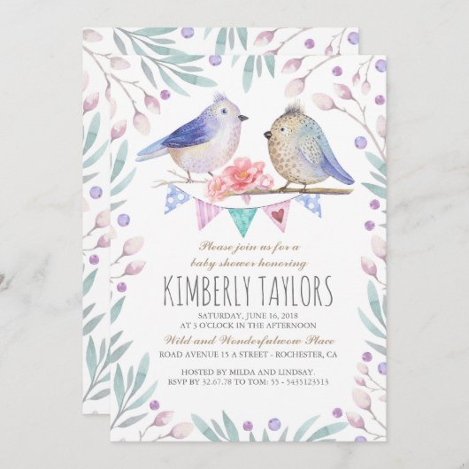 Vögel und rosa Blume Woodland Babydusche Einladung (Vorne/Hinten)