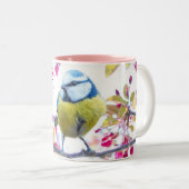 Vögel und rosa Blüten Zweifarbige Tasse (VorderseiteRechts)