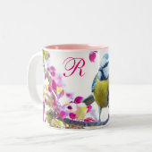 Vögel und rosa Blüten Zweifarbige Tasse (Vorderseite Links)
