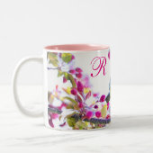 Vögel und rosa Blüten Zweifarbige Tasse (Links)