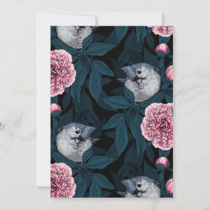 Vögel und rosa Pfingstrosenblüten mit Blättern
