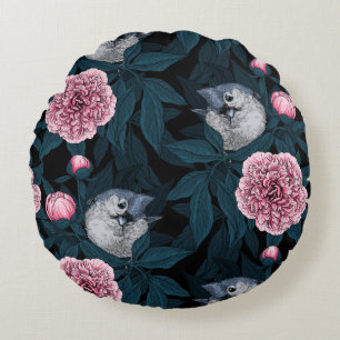 Vögel und rosa Pfingstrosenblüten mit Blättern Rundes Kissen