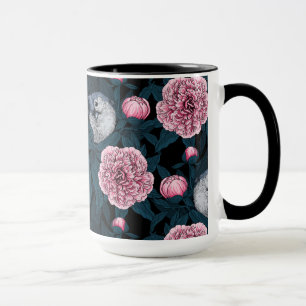 Vögel und rosa Pfingstrosenblüten mit Blättern Tasse