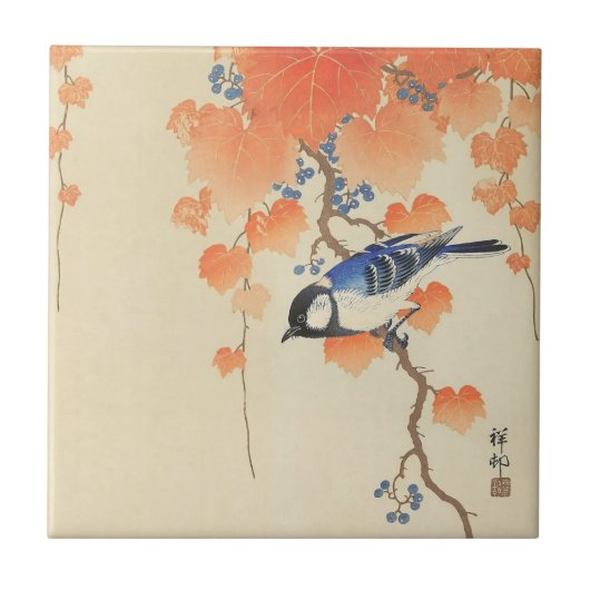 Vogel und rote Efeu von Ohara Koson Fliese (Vorderseite)