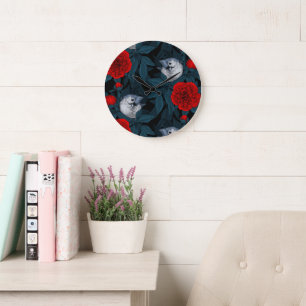 Vögel und rote Pfingstrosenblumen mit blauen Blätt Große Wanduhr