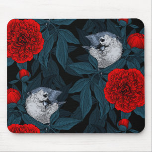 Vögel und rote Pfingstrosenblüten mit blauen Blätt Mousepad