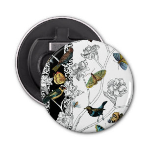 Vögel und Schmetterling auf einem schwarzen u. Flaschenöffner